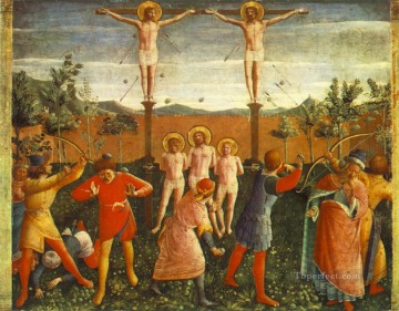 聖コスマスと聖ダミアンの磔刑と石打ちのルネッサンス フラ アンジェリコ Oil Paintings